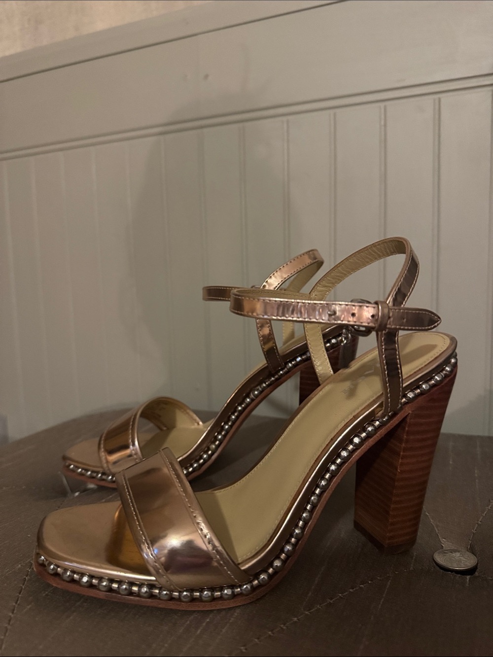 Coach Metallic Rose Gold Block Heel Sandals with Studded Trim - Picture 3 of 8